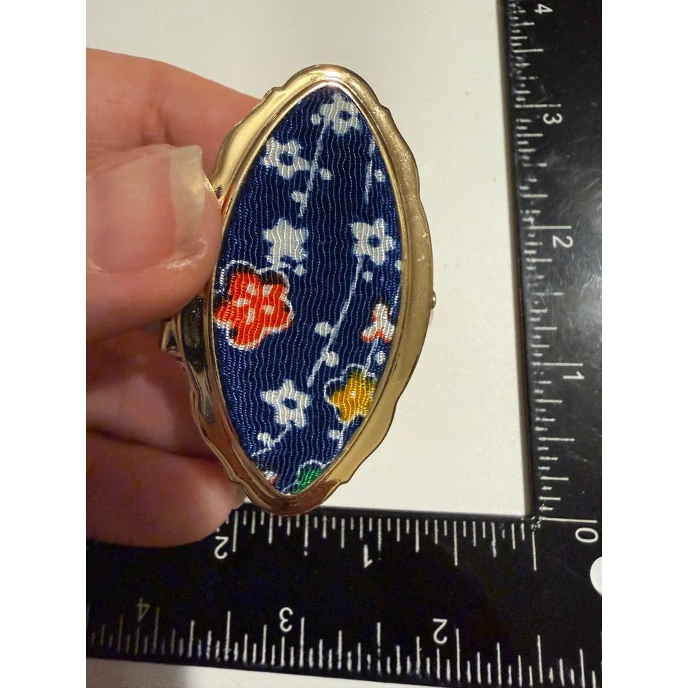 Vintage Gold Tone Lipstick Holder Case with Mirror Blue Floral Fabric Inlay